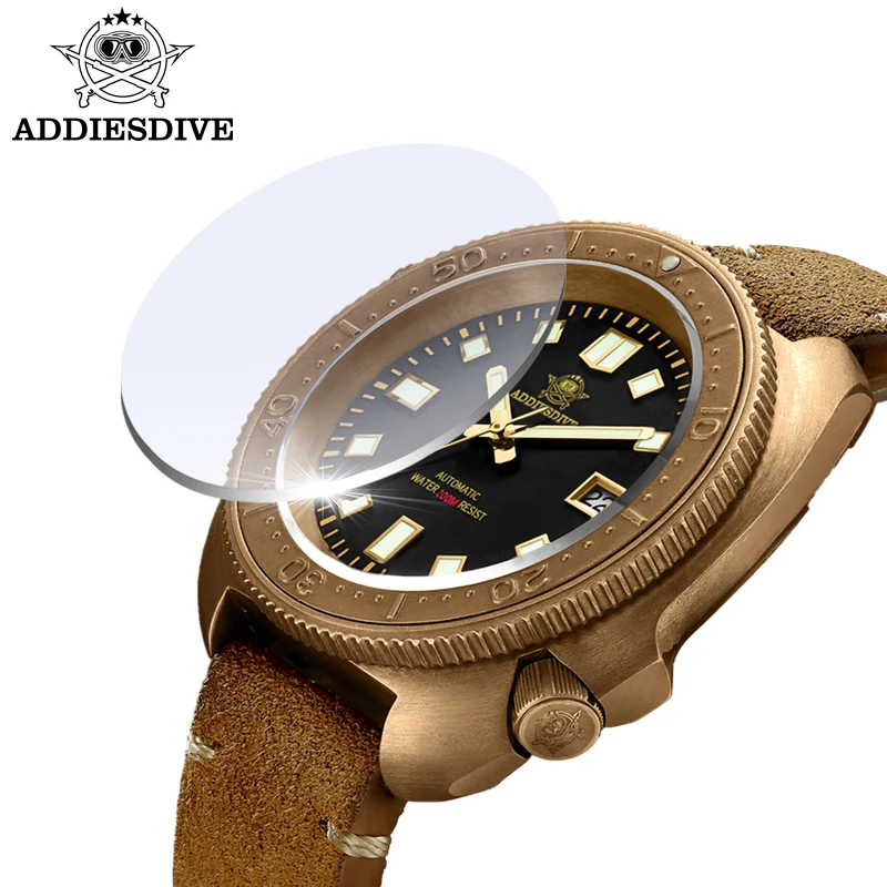 ADDIESDIVE Men‘s Bronze Automatic Watches Sapphire Glass Leather Analog Wristwatch Waterproof C3 Super Luminous Mechanical Watch