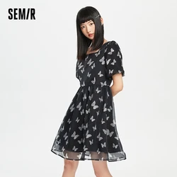 Semir Dress Women Butterfly Printed Chiffon Skirt Fairy 2023 Summer New Slim Square Neck Dress