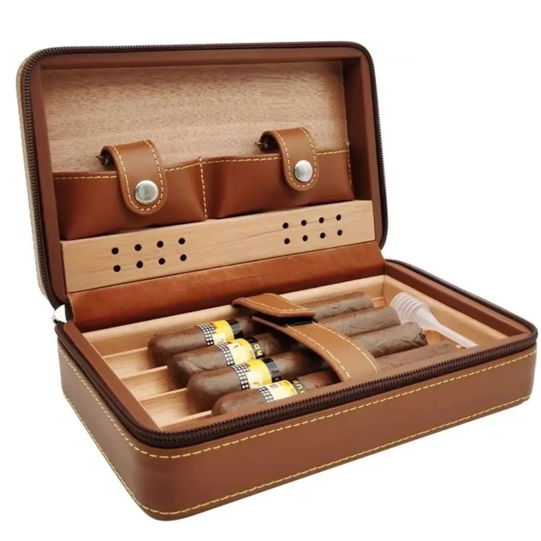 

Leather Cigar Case Cigar Zipper Bag Cedar Moisturizing Box Cigar Cut Portable Premium Storage Box