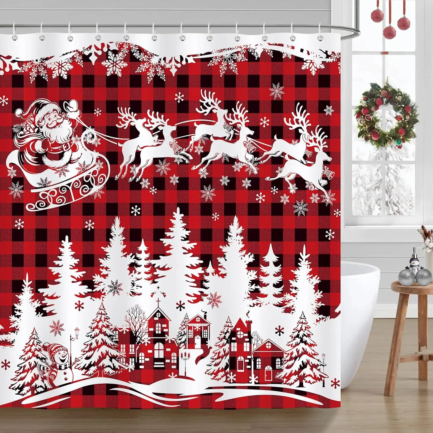 Christmas Shower Curtain, Red Buffalo Plaid Santa Claus Reindeer Xmas Village Winter Shower Curtain for Bathroom Waterproof