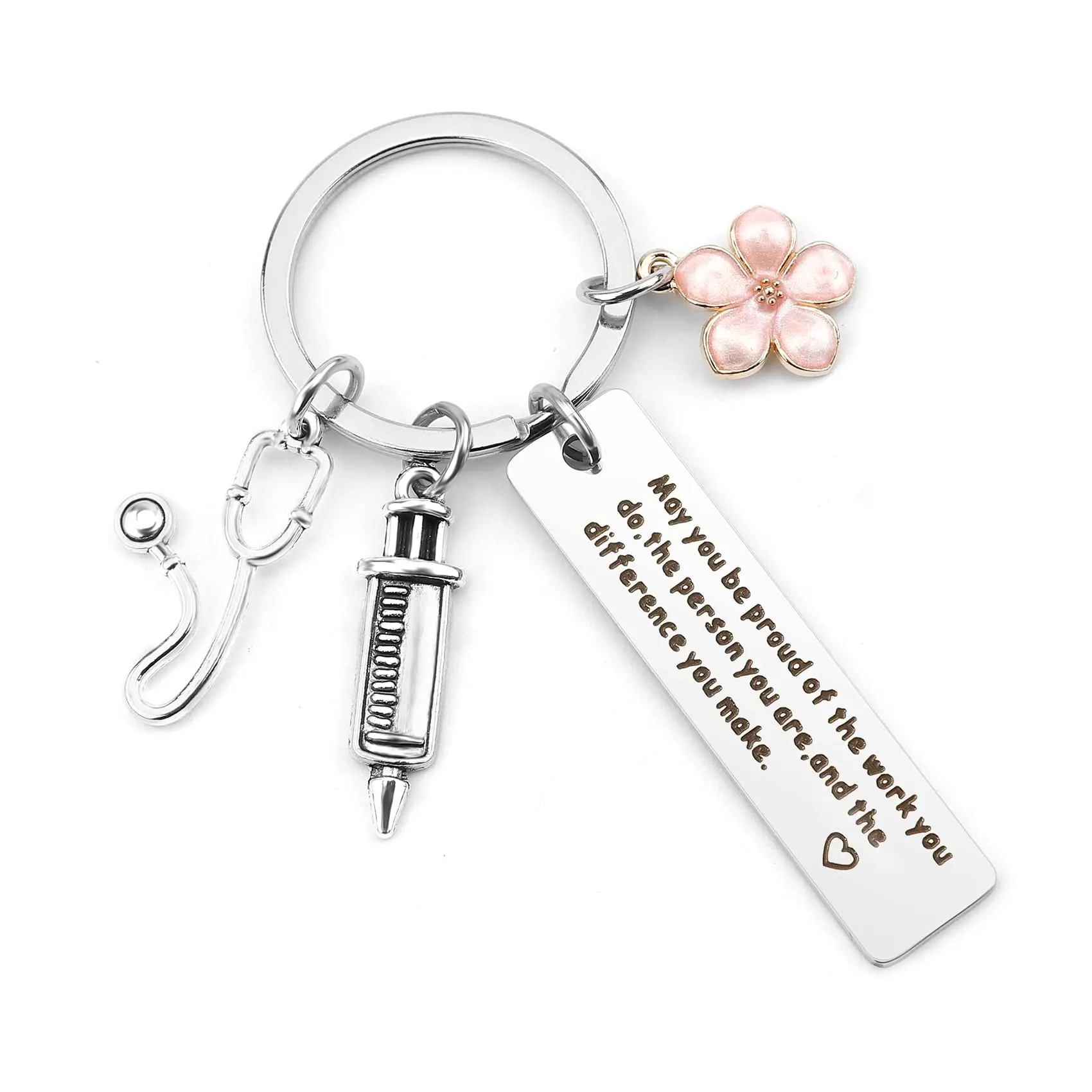 Doctor Nurse Keychain Women Letter Key Chain for Men May You Be Pround of The Work You Do Key Ring Cherry Blossom Stethoscope