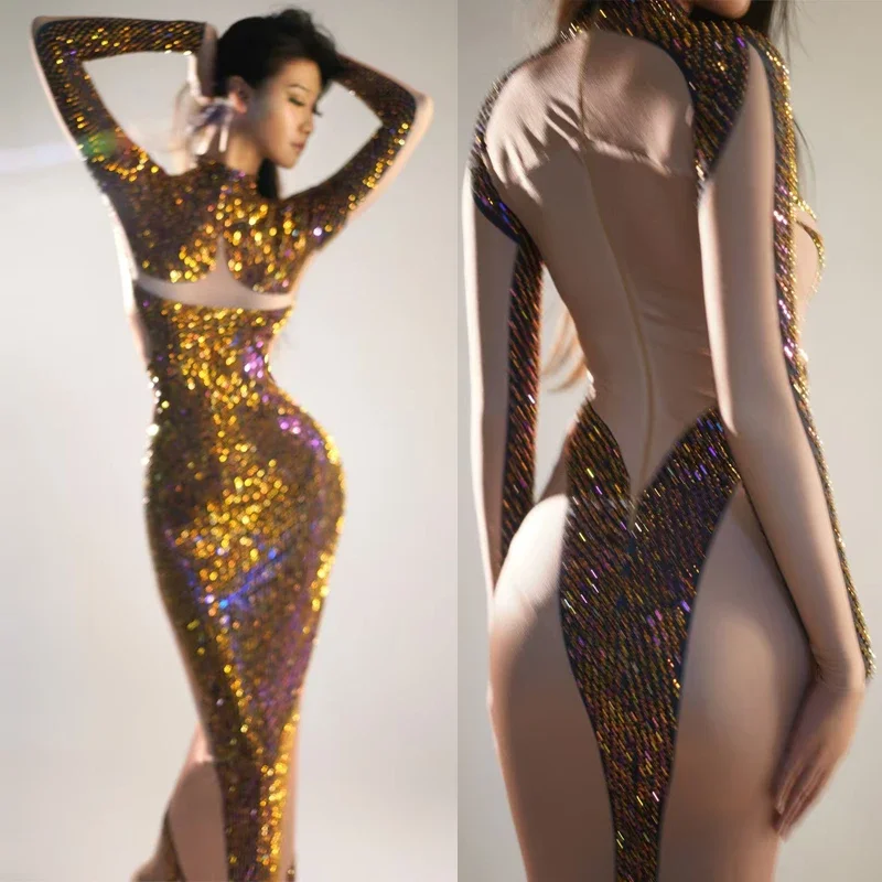 

Gold Birthday Dress Rhinestones Evening Dresses Women Party Festival Gown Bar Nightclub Dj Ds Stage Catwalk Costume