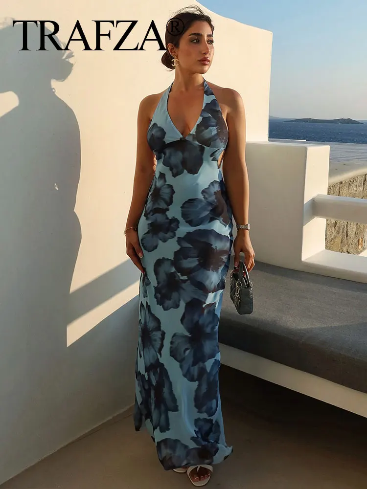 

TRAFZA Summer WomenSexy Vacation Style Flower Print Midi Dress Sleeveless Halter Neck Strap Slim Female Vintage Party Dresses