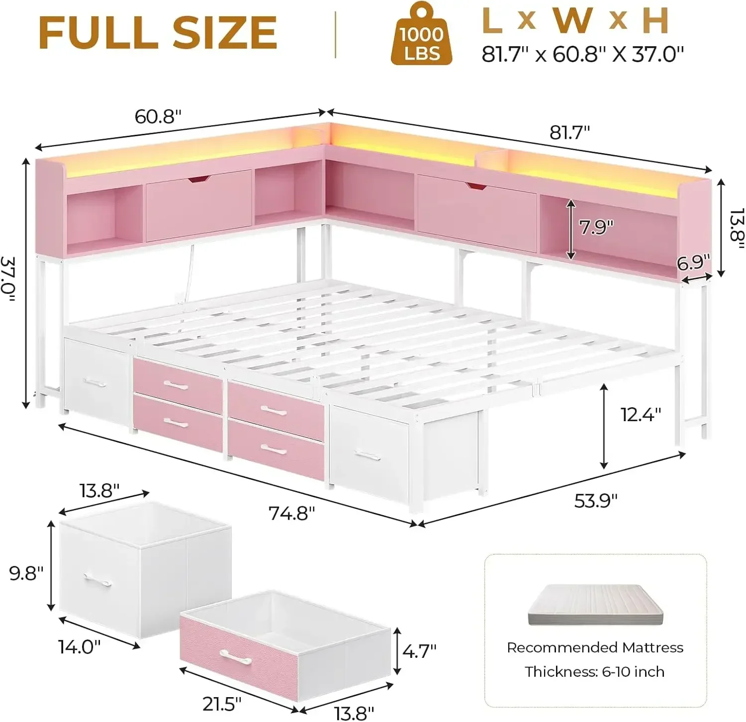Pink 14 Inch Corner Full Platform Bed With Storage Headboard Bookcase 6 Drawers Charging Station LED Lights For Kids Teens