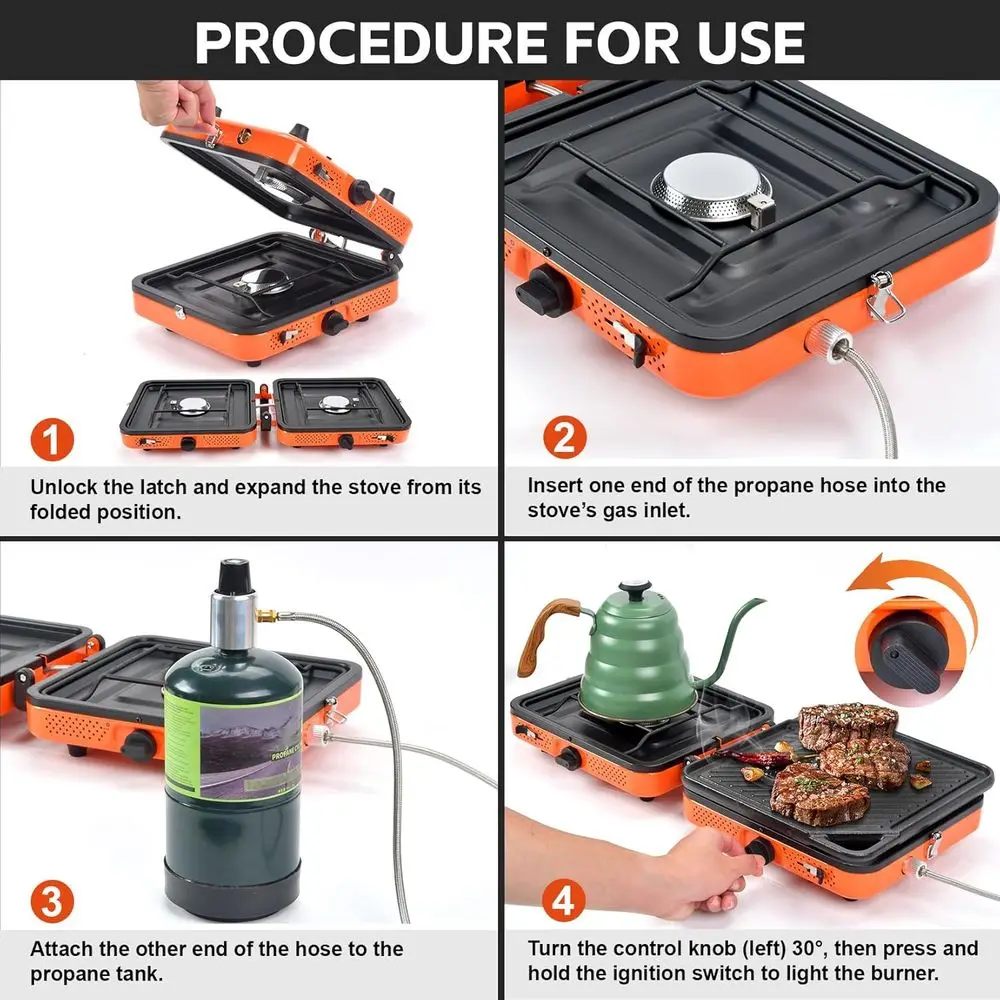موقد للتخييم، 2 شعلة، 20000 وحدة حرارية بريطانية، موقد تخييم قابل للطي، موقد تخييم محمول من البروبان مع لهب قابل للتعديل، إشعال بيزو وC #5