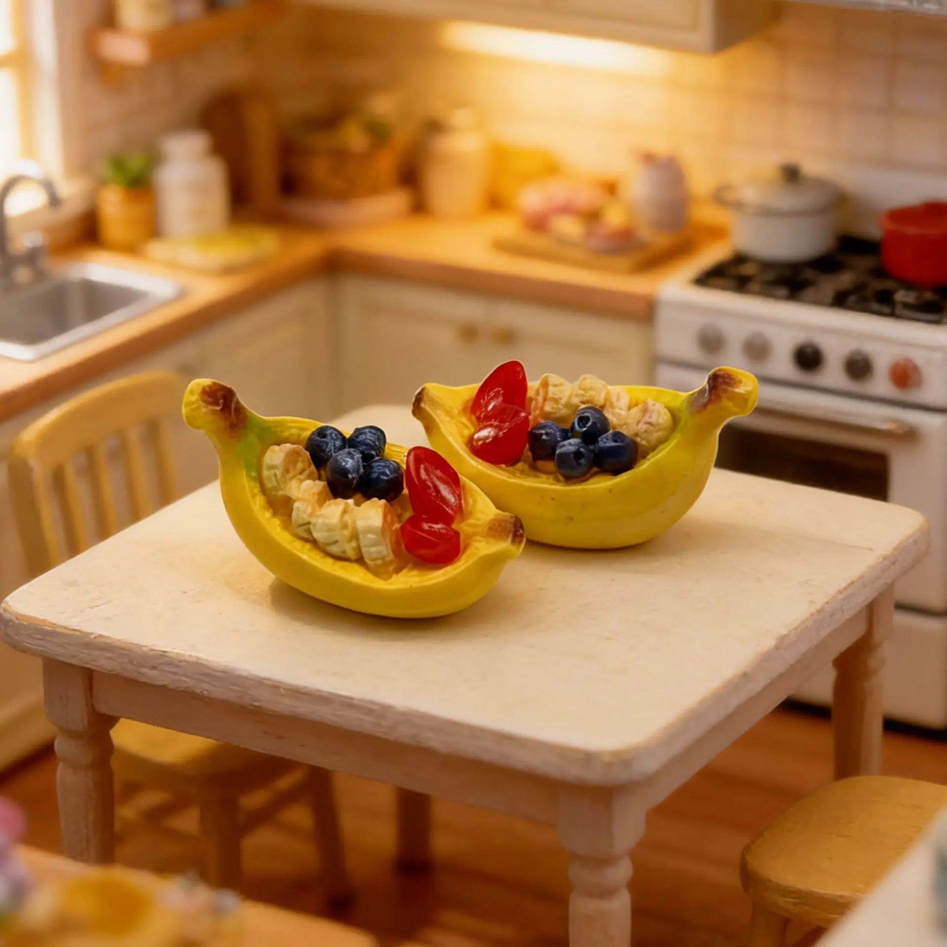 Micro landscape sculpture 3D banana fruit boat, banana fruit pie food play, doll house landscaping ornament DIY home decoration