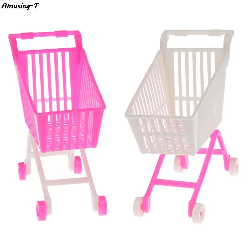 Mini Supermarket Handcart Shopping Utility Cart Mode Storage Toy Doll Accessories Gifts for Kids Pink White Random Color