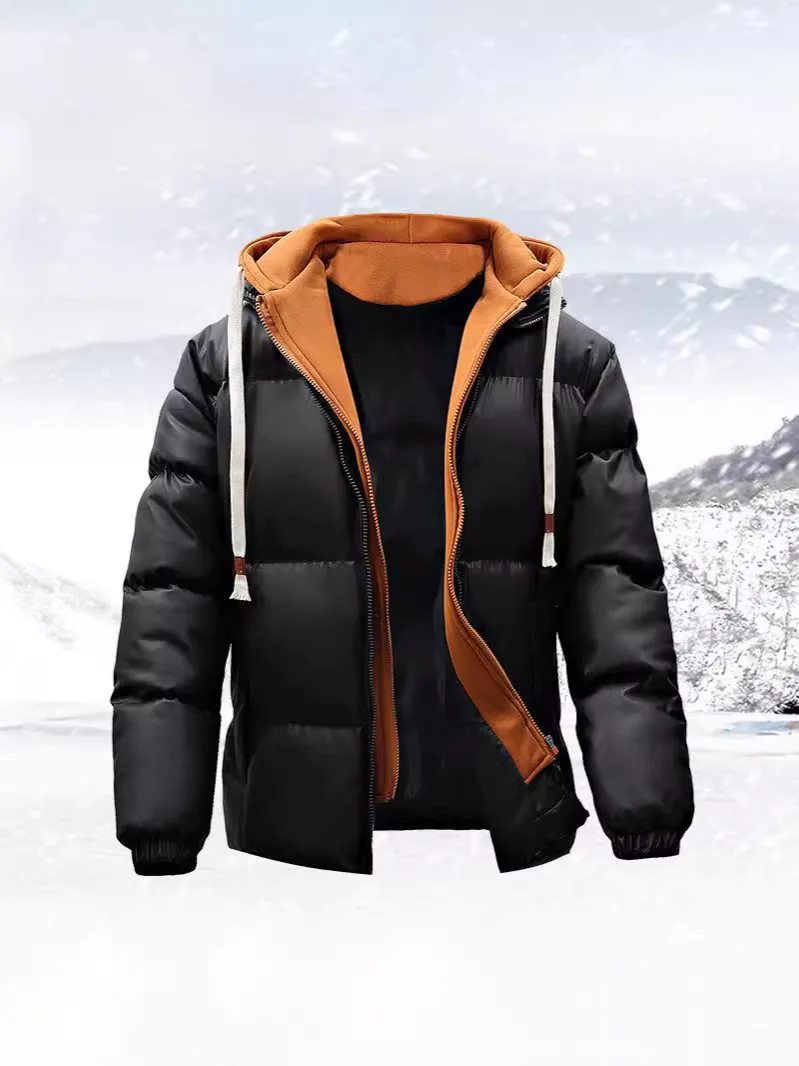 الرجال الشتاء وهمية قطعتين أسفل سترة رشاقته الدافئة التباين اللون رجل ملابس خارجية موضة طويلة الأكمام مقنعين الذكور ملابس خارجية