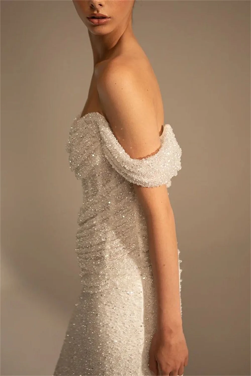 Amanda White Off the Shoulder فساتين سهرة Mermaid Shiny Sequins vestidos de fiesta Elegant Sleeveless Long Train Porm Dresses