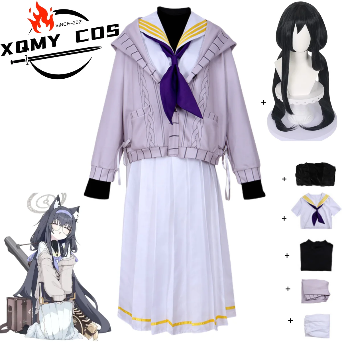 

XQAnime Game Blue Archive Kozeki Ui Cosplay Costume Hooded Coat Jk School Uniform Shirt Long Skirt Wig Woman Cute Campus Suit