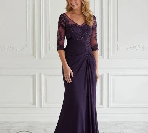 Robe en mousseline de soie champagne personnalisée, corsage en dentelle, manches trois quarts, perles, mère de la mariée, événements de mariage formels