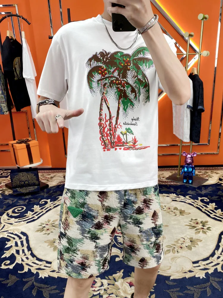 

Европейский мужской комплект из футболки с коротким рукавом и шорт, летний, свободный крой, модный, новый, 2023, повседневный спортивный костюм.