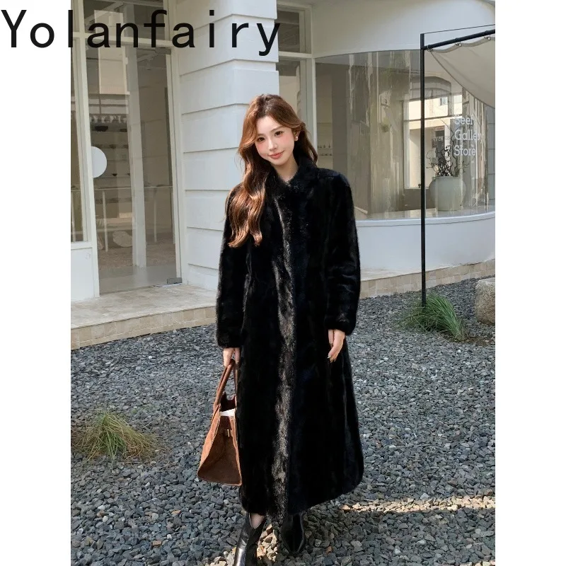YOLANFAIRY 116-120cm Real Fur Coat for Woman Warm Winter High Quality Pieced Mink Fur Coats and Jackets Stand Collar Long Jacket