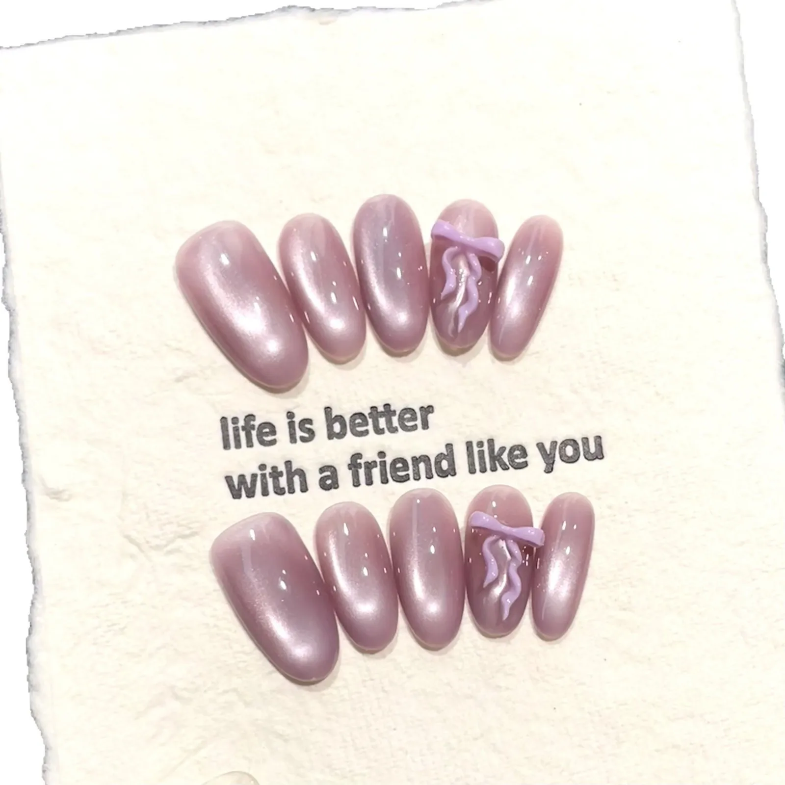 

10 шт., французские овальные ногти ручной работы, блестящие фиолетовые кошачьи глаза, 3D бант, дизайн, милые накладные ногти, носимые ногти, художественные советы для девочек