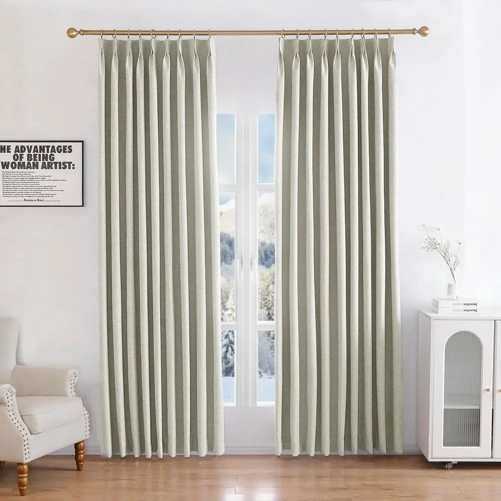 

Ivory White Linen Blend Pinch Pleat Curtains, 100% Blackout, 100 Length, with Hooks, Thermal Insulated for Rooms