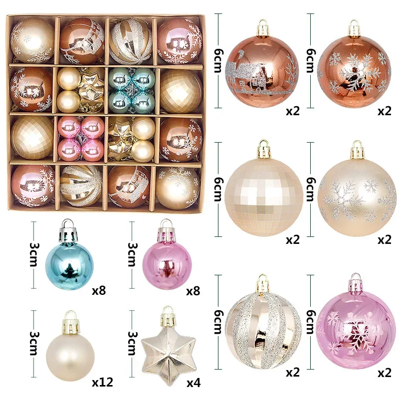 Painted Xmas Tree Ball Ornaments with Hanging Ropes, Christmas Balls, Party Decor, 3-6cm, 44Pcs