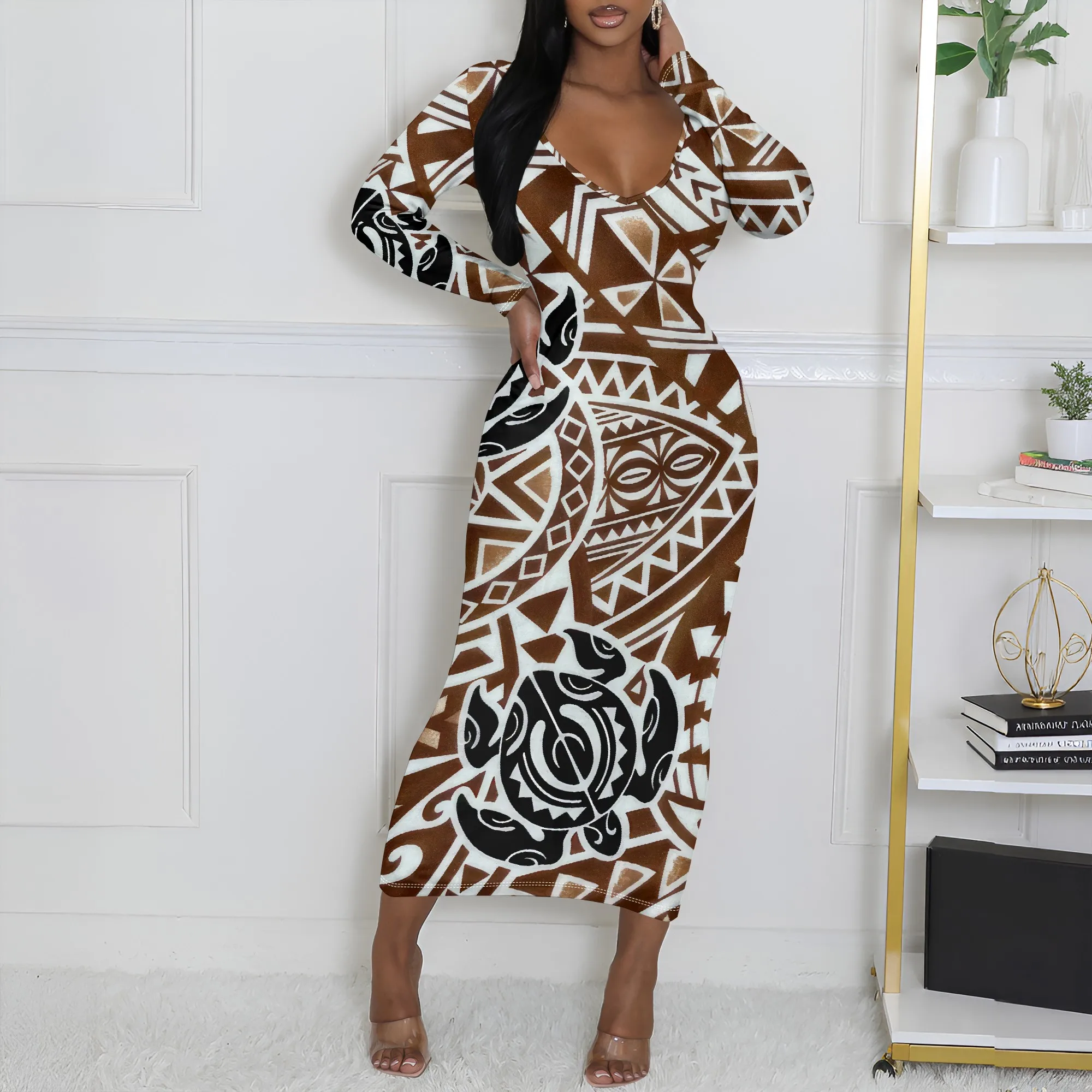 

Women's Autumn Long- Sleeved 3D Printed Geometric Flower Sexy Long-Sleeved Dress