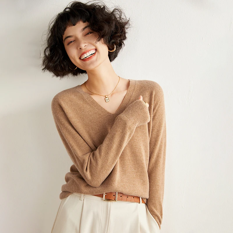 

Autumn and winter new women's 100% pure cashmere V-neck sweater knitted long sleeved pullover loose solid color women's top