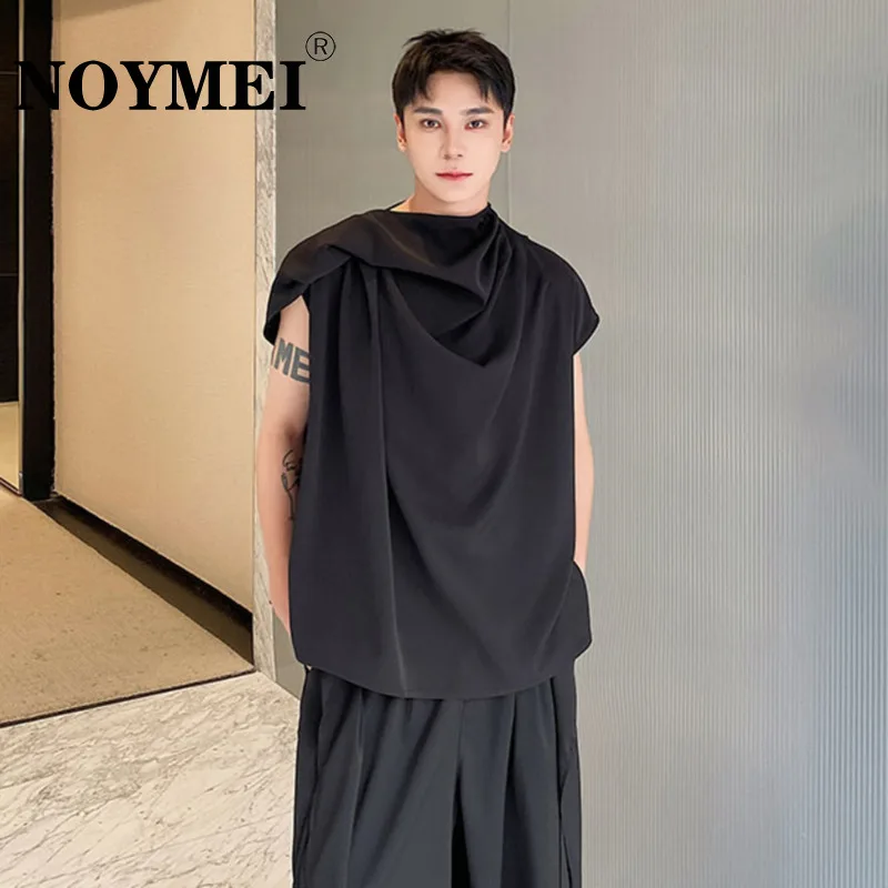 NOYMEI Solid Color Fashionable Summer 2024 Stack Collar Ribbon Sleeveless Waistcoat Men's Chic Temperament Male Top WA4320