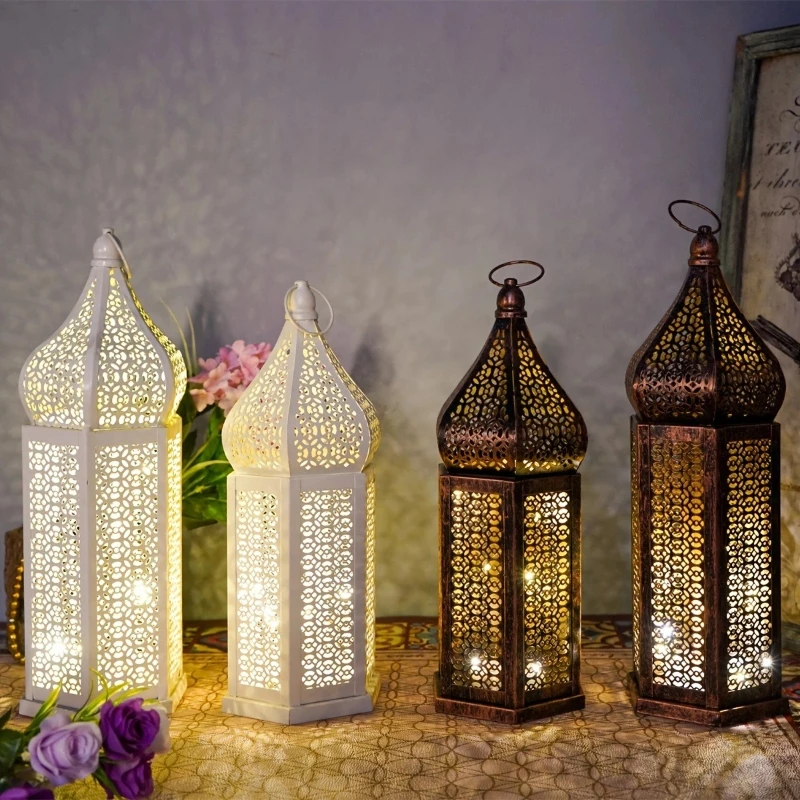 LED Wrought Iron Wind Lamp Can Be Hung with Hexagonal Antique Copper Hollow Lantern for Home Atmosphere Decoration Light