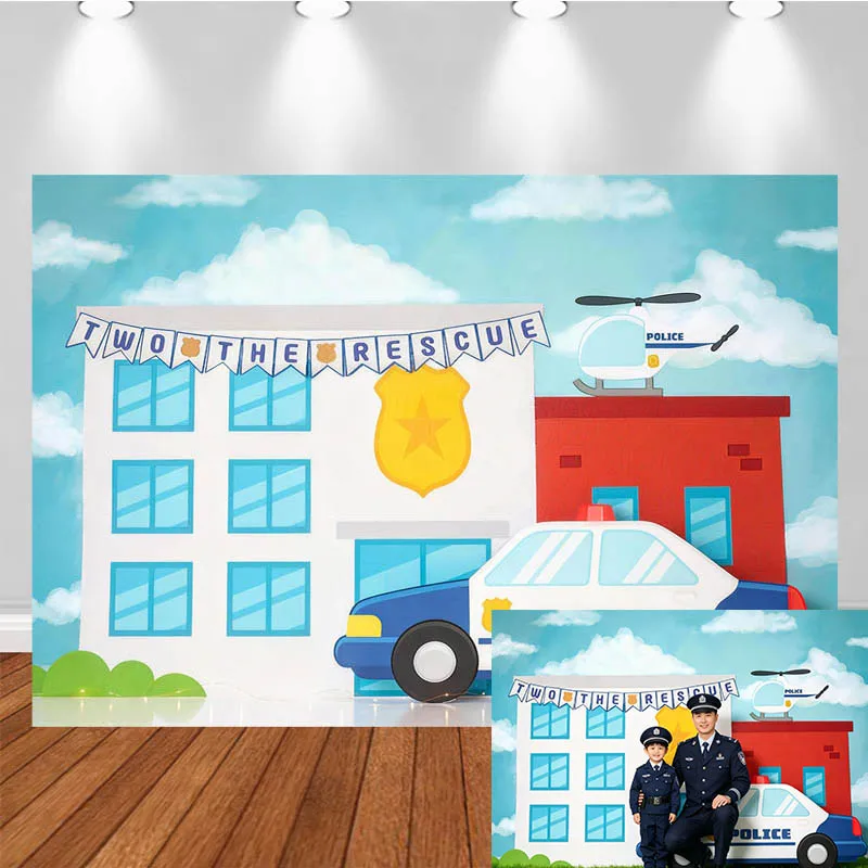 

LS Photography Backdrop Cartoon Police Car Helicopter House Decor Birthday Cake Smash Baby Shower Kids Portrait Photo Background