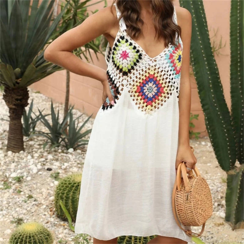 Hollow out Swimsuit Cover Up Women's Patchwork Crocheted Beach Dress Sleeveless V Neck Dress for Swimwear Bathing Suit