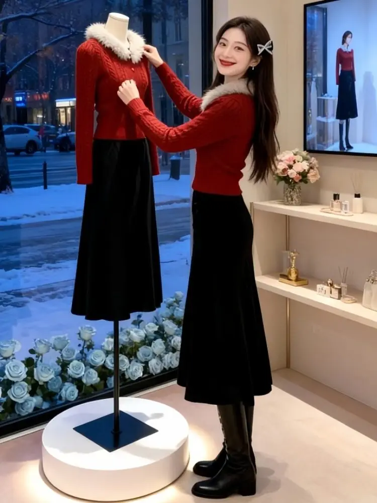 

Red waist cinched fur collar sweater+slim fit half skirt women's autumn and winter new high-end and elegant two-piece set