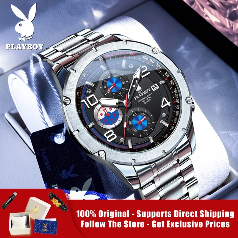 

PLAYBOY 3509 Brand original authentic watches for man luxury Gift Box Steel band multifunctional quartz men's watch