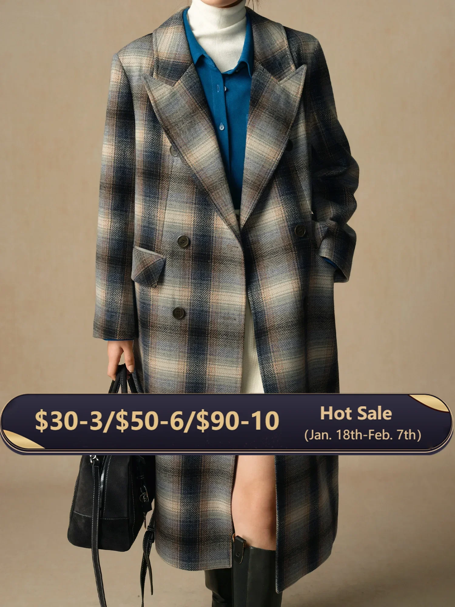 

DUSHU 49.5% Wool Women Long Plaid Coats Notched Collar Design Office Lady Winter Blue Brown Plaid Straight Wool Coat 24DS84142