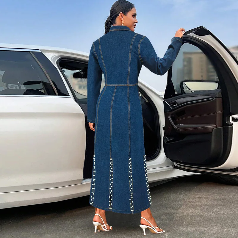 

Женское длинное платье с длинными рукавами и лацканами, разрезом и бусинами, повседневное, облегающее, модное, 2026, вечерние, летние, элегантные, повседневные