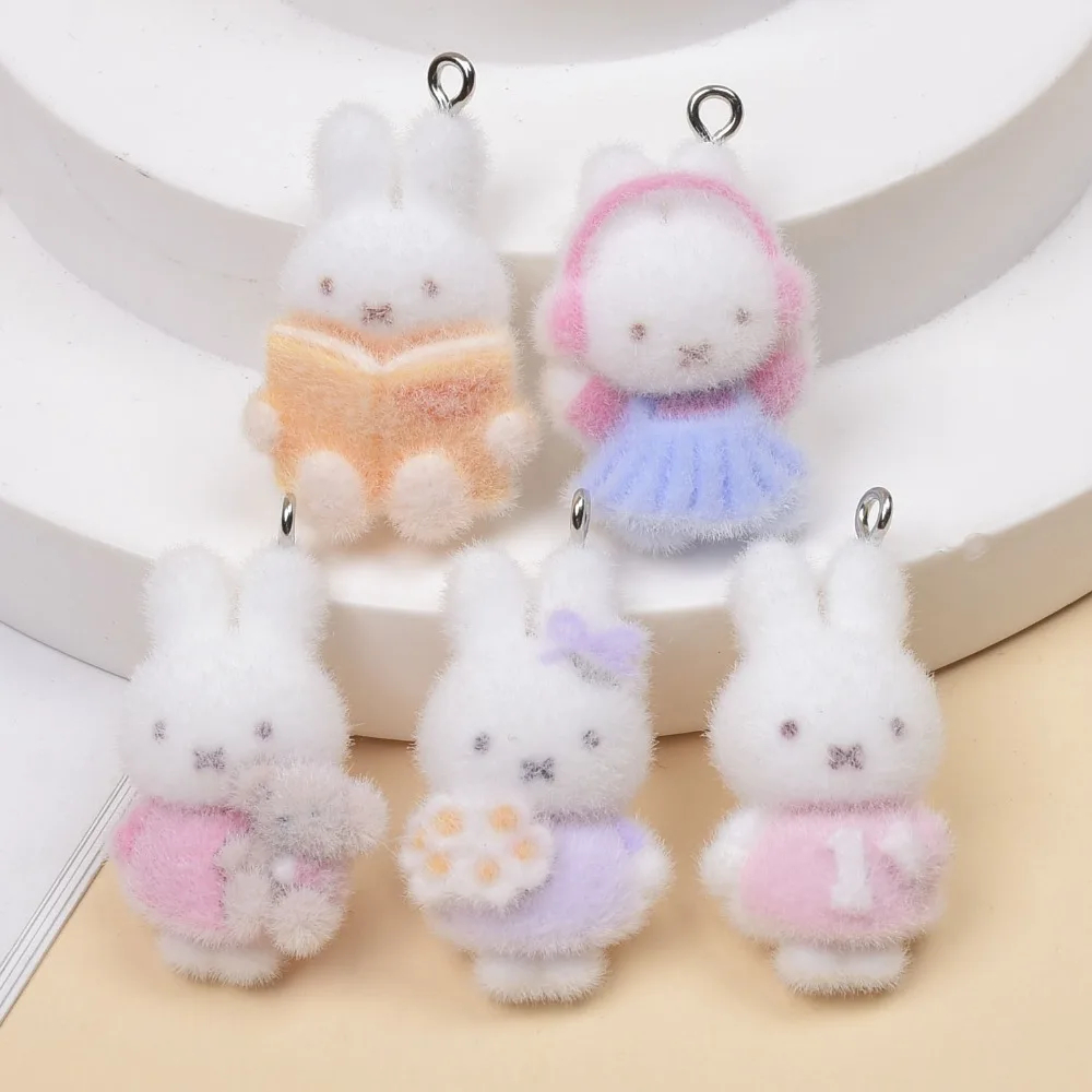 10PCS Kawaii Miffy Flocking Rabbit Pendant DIY Mobile Pendant Keychain Luggage Accessories Materials Gift Toys