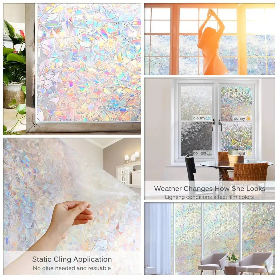 Stained Glass Window Privacy Film Static Cling Adhesive Vinyl 3D Decals Rainbow Window Stickers for Home Heat Control Glass Film