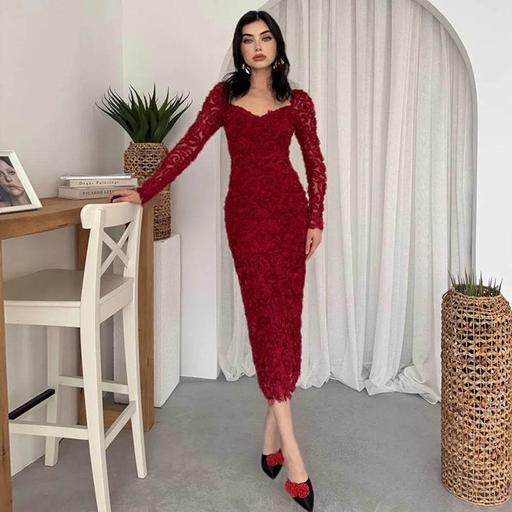 

Customized Temperament Red V-Neck Evening Dress High Quality Appliques Celebrity Gowns Long Sleeves Bespoke Occasion Gowns