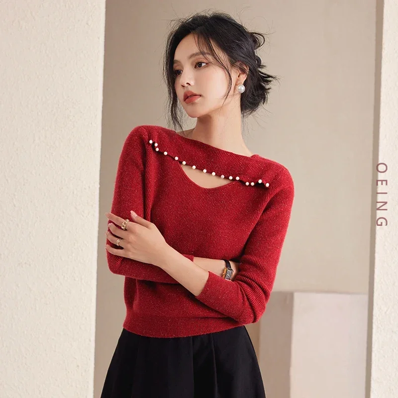 

Hollow Out Beading Slash Neck Short Red Sweater Women Tops Autumn Winter Elegant Chic Slim Knitted Pullovers Knitwear Lady B3056