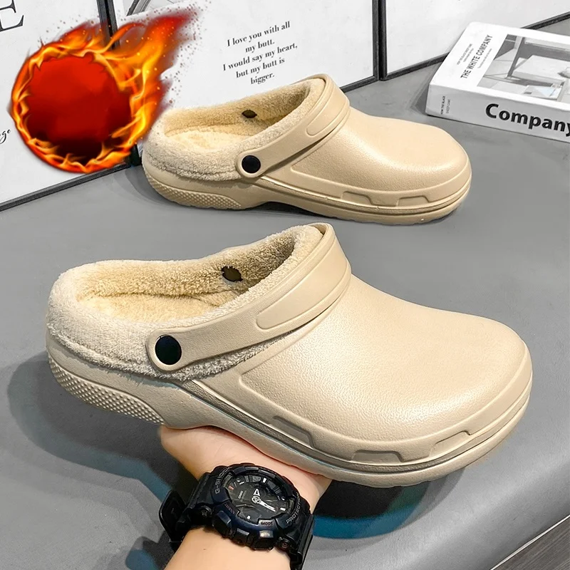 شباشب قطنية بمقاس كبير للرجال والنساء، ملابس شتوية سميكة للمنزل والخارج، شباشب مقاومة للماء وغير قابلة للانزلاق عند أصابع القدم، أحذية قطنية مبطنة بالصوف وسميكة