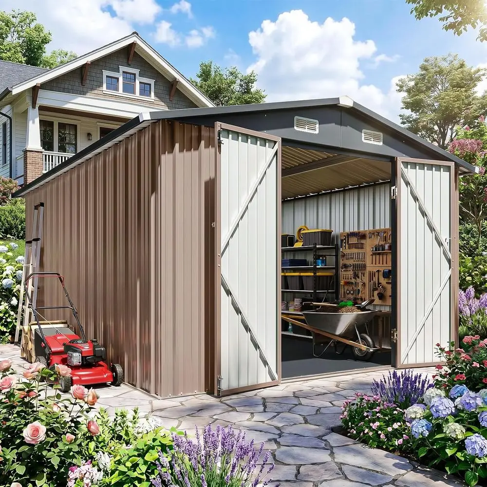 10x12T Outdoor Storage Shed with loor Brown | Galvanized Steel Outdoor Metal Shed with Sloop Roo or Bike, Tool, Generator Storag