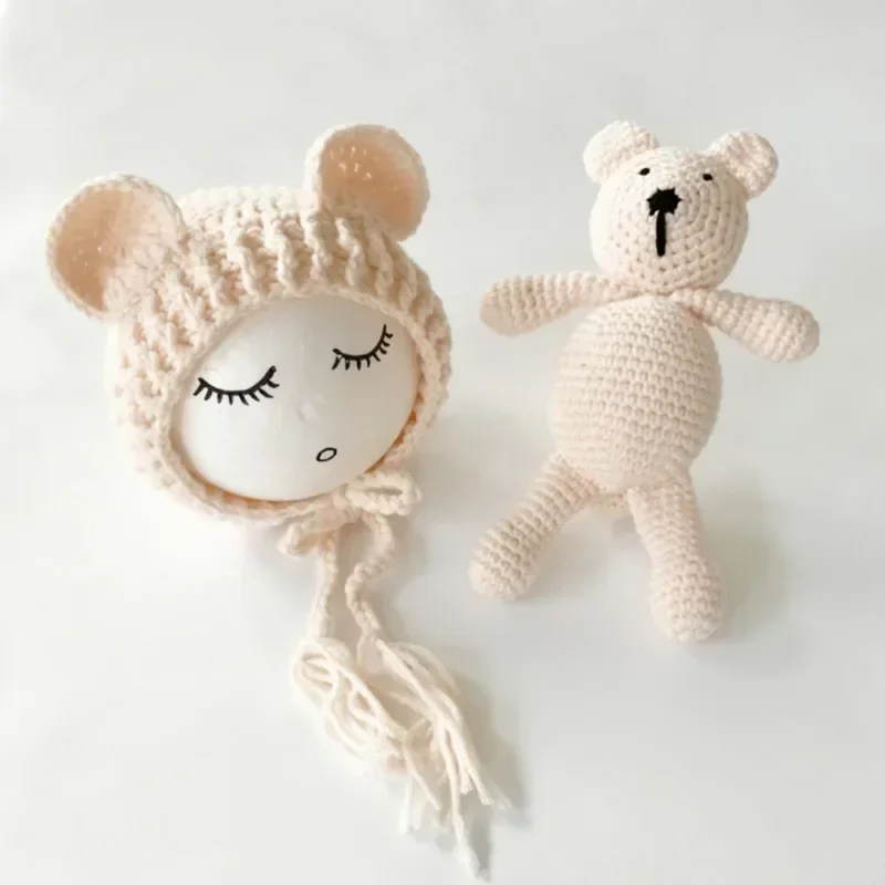 Newborn Photography Props Knitted Wool Bear Baby Girl Boys Hats Newborn Bear Hat Set Crochet Costumes Photography Accessories