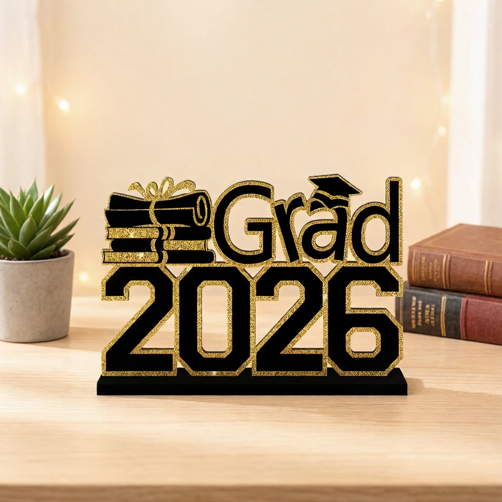 Grad 2026 Tabletop Decor - Black & Gold Graduation Sign with Cap, 2026 Graduation Party Centerpiece, Perfect Gift for Graduates