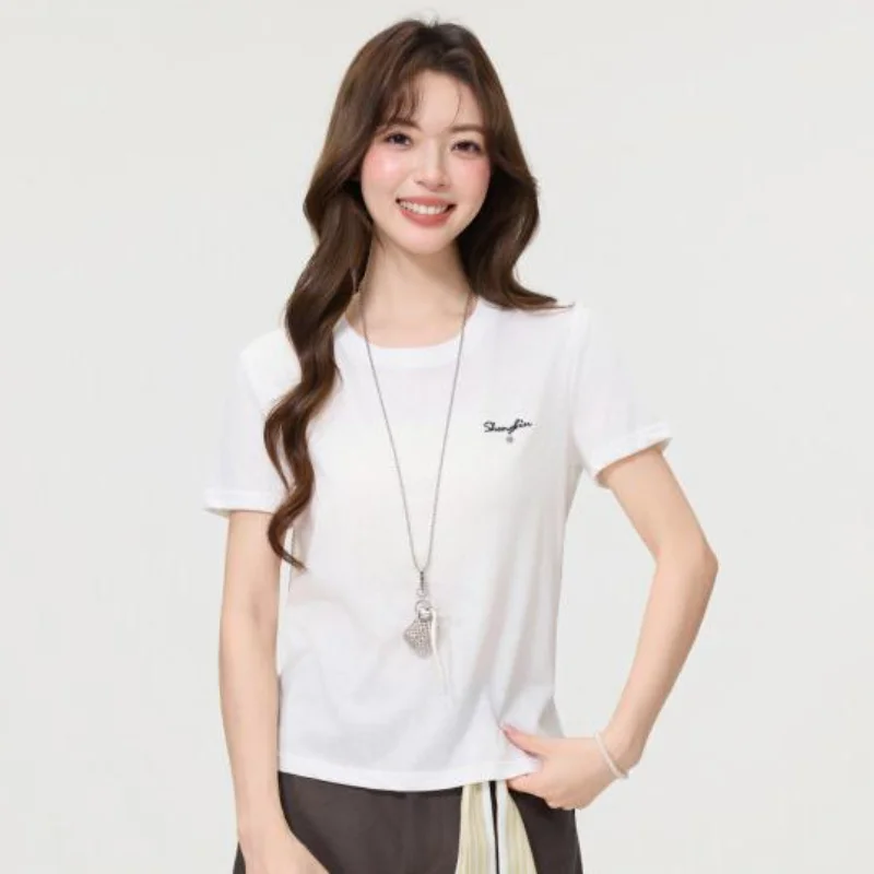 

Simple Letter Embroidered Round Neck Shoulder Short Sleeved T-Shirt for Women In 2026 Summer Fashion Loose Pullover Top