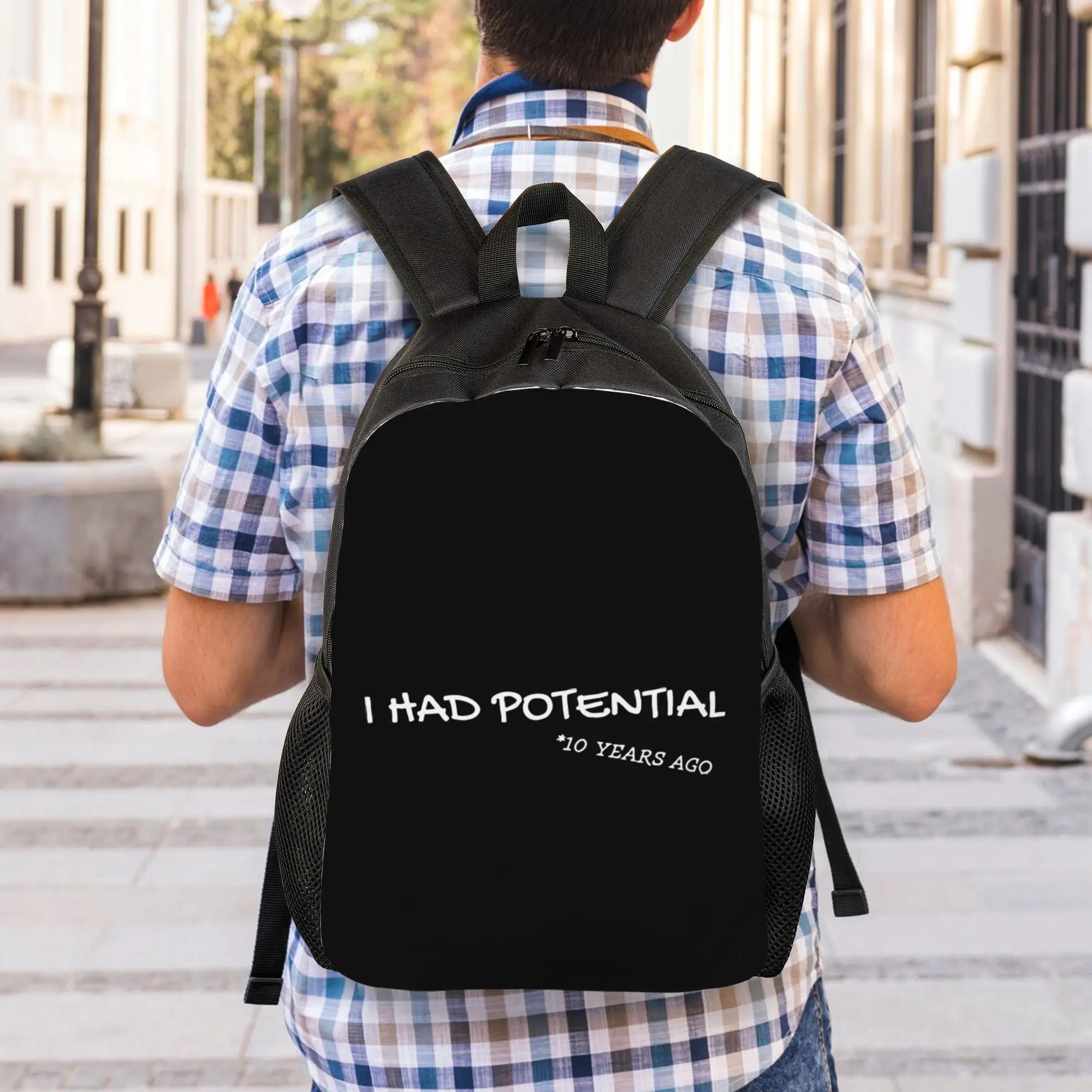 Back to school season I Had Potential  10 Years Ago (White Text) Rucksack  Male Lady Solid Backpack