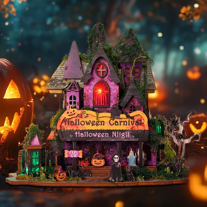 DIY Wooden Halloween Night Carnival Casa Doll Houses Miniature Model Kits Dollhouse with Furniture for Friends Birthday Gifts