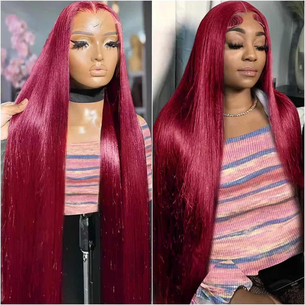 

Бордовый парик из натуральных волос 99J с кружевной передней частью 13x6 HD, прямой, 220% плотности, предварительно выщипанные волосы, красный, 40 дюймов