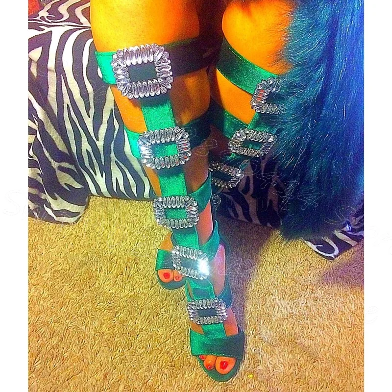 

Crystal Buckle Green Hollow Design Sandals Boots Back Zipper Women Shoes Thin High Heels Party Runway 2026 Zapatos Para Mujere