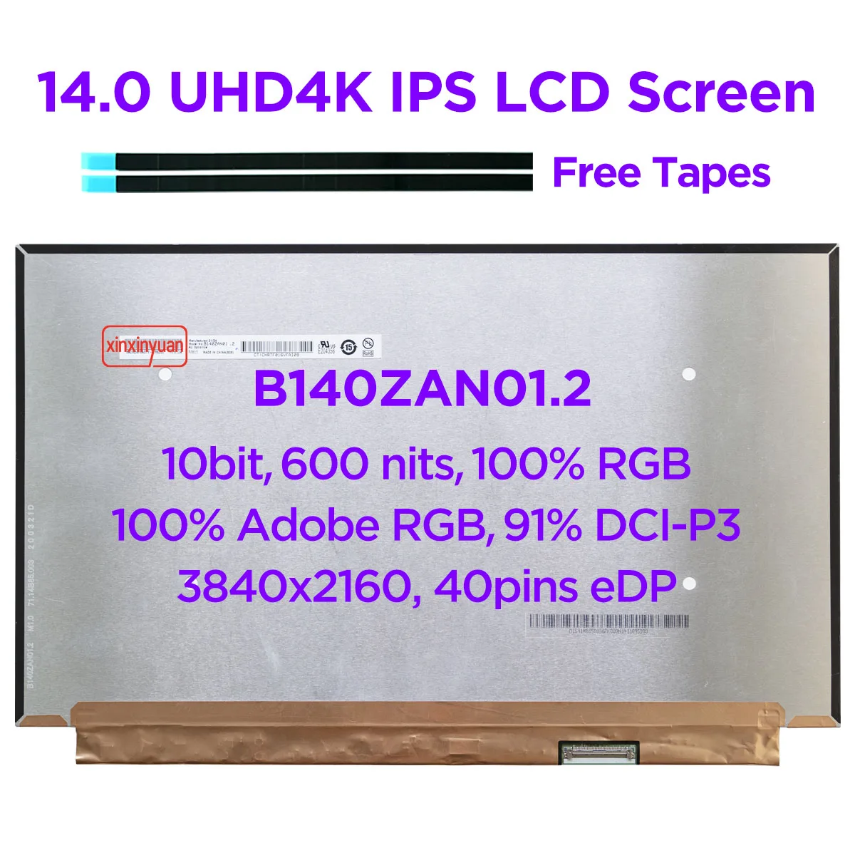 B140ZAN01.2 14.0 Inch Màn Hình LCD 600Nits 100% Adobe RGB UHD4K 3840X2160 IPS Hiển Thị Bảng Điều Khiển Thay Thế 40 chân EDP