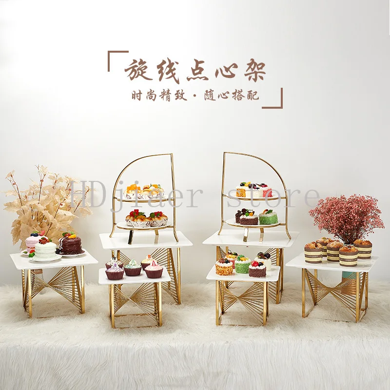 

Stainless Steel Dazzling Line Dessert Rack Golden Coffee Break Table Pastry Rack Cold Food Banquet Dessert Table Display Rack