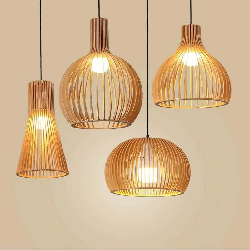 

Japanese Style Wooden Birdcage Pendant Light Modern Chinese Tea Restaurant Hotpot Restaurant Wooden Homestay LED Pendant Light