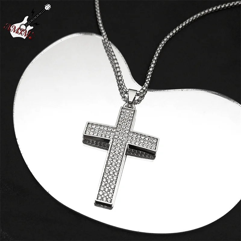 

Punk Cross Alloy Pendant Necklace for Women Men Stainless Steel Silver Color Shiny Rock Male Chain Jewelry collar hombre N9674-2