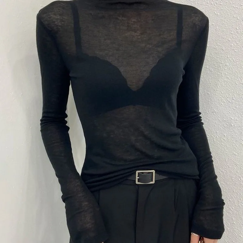 

Базовая рубашка с высоким воротником и маской, женская осенне-зимняя тонкая микропрозрачная футболка с внутренней стороны, модный трикотаж с ворсовым воротником