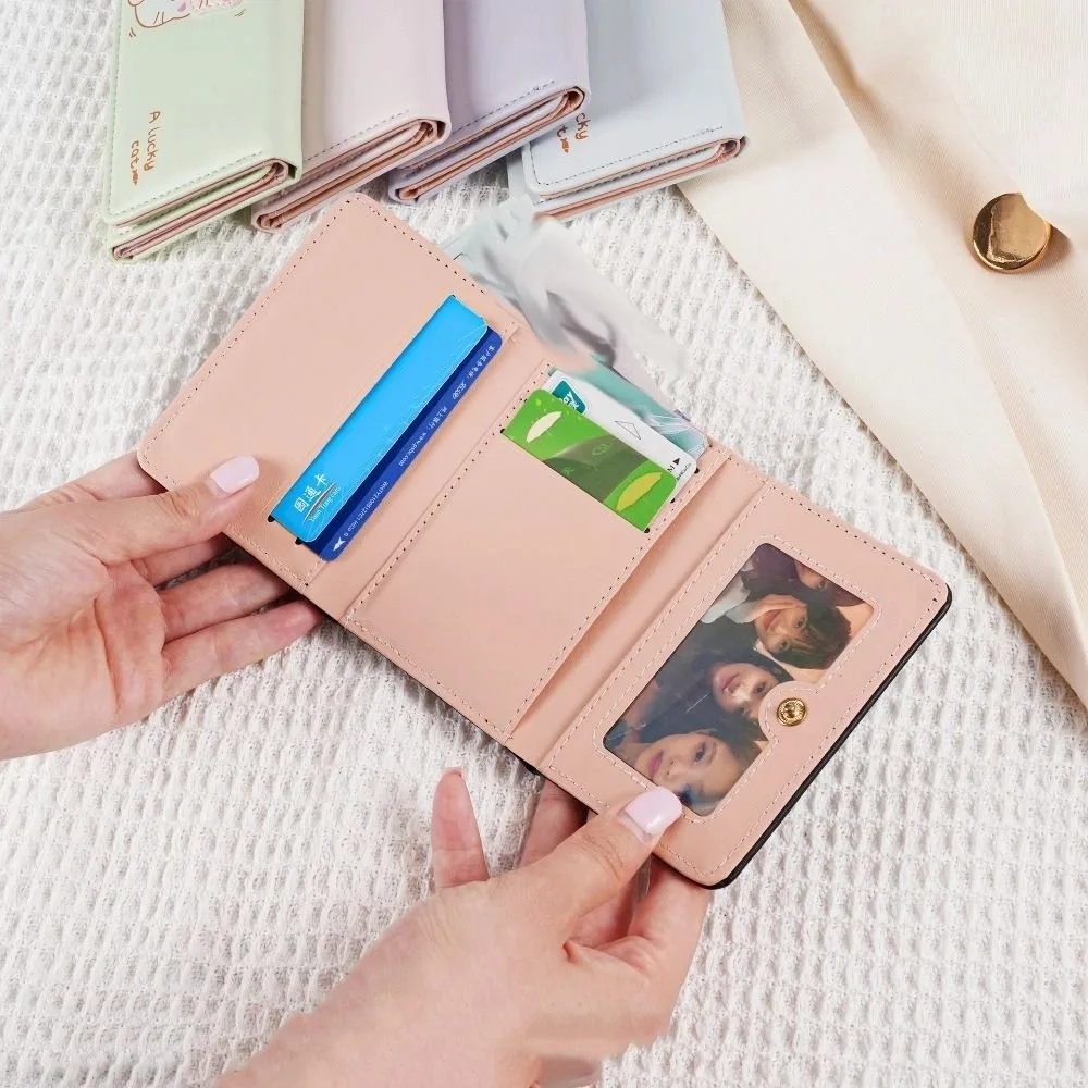 Mini Portfelik Krótki w Jednolitym Kolorze z Kreskówkowym Kotem w Stylu Koreańskim, Portmonetka na Monety ze Skóry PU, Kieszonka na Karty, Kopertówka, Śliczna Torebka na Karty Damska