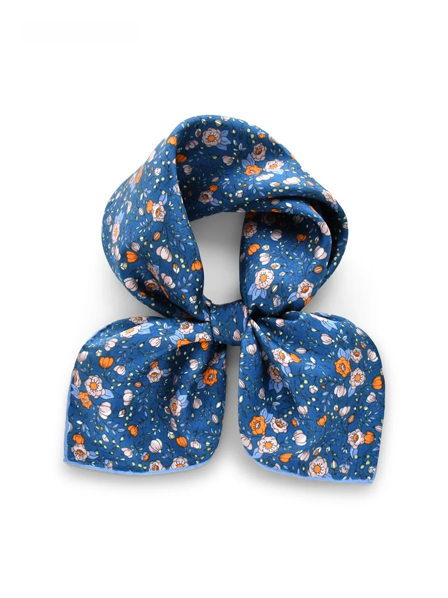 レトロブルー花柄シルクスクエアスカーフギフトボックス桑絹スカーフプレゼント杭州シルクお土産装飾ロールエッジサマー